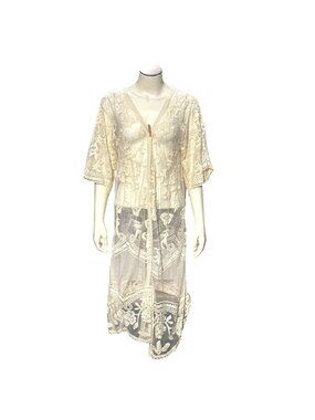Embroidered Beige Sheer Kimono Floral Boho Lightweight Cover Up Longline Resort